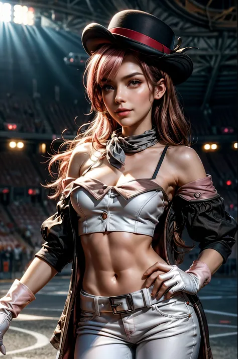 pink and brown hair, multicolored hair, neopolitanatlas, bowler hat, grey scarf, white gloves, white shirt, off-shoulder shirt, black sleeves, midriff, white belt, white pants, smile, sunny day, standing on running track, inside sport stadium in futuristic...