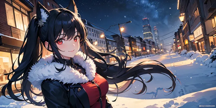 An anime-style portrait of a stunning businesswoman with sleek black hair styled into elegant twin tails, framing her sharp and captivating red eyes that shimmer with a mischievous glint. She wears a sophisticated winter jacket with a high collar, detailed...