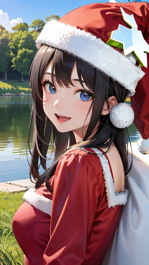 (1 person)、(((Black Hair)))、((whole body))、(((Santa outfit with front open)))、((with your buttocks slightly turned))、((At the summer lake in the grassland))、(((whole body)))、(Beautiful Japanese Women)、(Santa hat)、((Santa clothes))、 (Red and black one-piece...