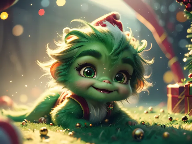 (Best Quality, Super Detail, Masterpiece, Representative Work, Official Art, Professional, Super High Detail, 8k:1.3), (Full Body) Very cute baby Grinch crawling around with other baby Grinches, they all have Santa outfits on, one has a sign saying Where i...