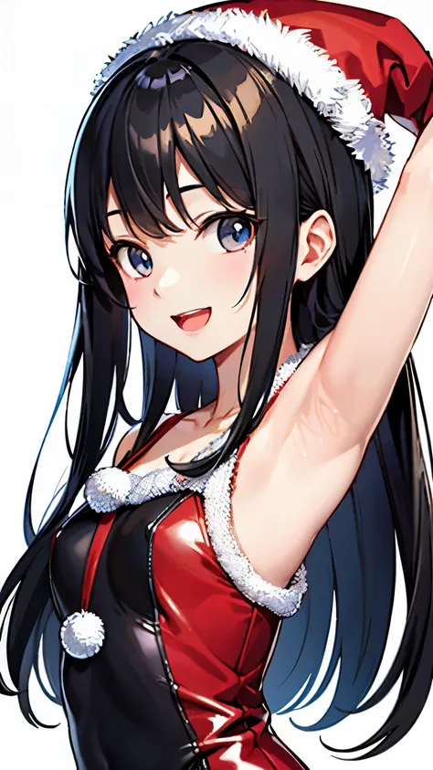 (1 person)、(((Black Hair)))、((whole body))、(((Santa outfit with front open)))、((Show me your armpits))、((At the summer lake in the grassland))、(((whole body)))、(Beautiful Japanese Women)、(Santa hat)、((Santa clothes))、 (Red and black one-piece school swimsu...