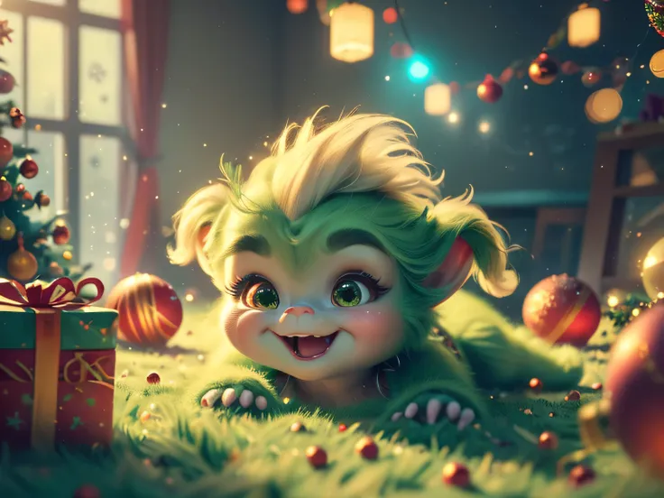 (Best Quality, Super Detail, Masterpiece, Representative Work, Official Art, Professional, Super High Detail, 8k:1.3), (Full Body) Very cute baby Grinch crawling around with other baby Grinches, they all have Santa outfits on, one has a sign saying Where i...