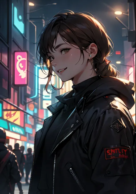   very detailed,    high definition  ,   very detaileded,  top quality,   wonderful,  top quality,    high definition CG Unity 8K wallpaper   ,   movie lights,   cyberpunk,   brown hair  .Nice.What a beautiful smile  