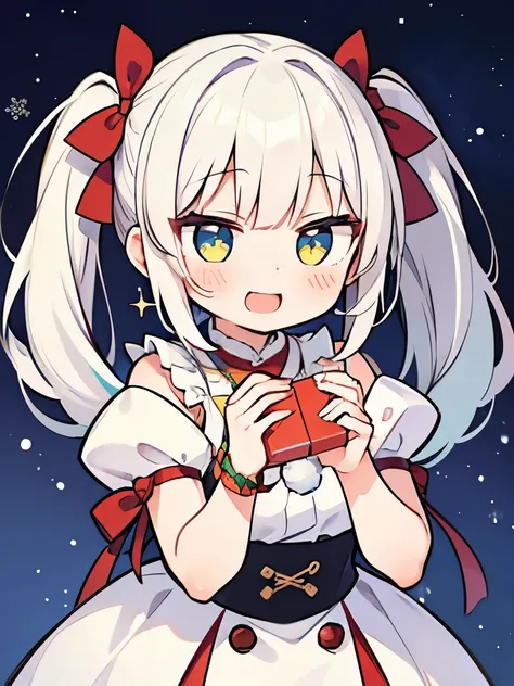  girl,  full color, 一人の girl,  viewers who stop at the edge,  Open Mouth Smile , 輝く瞳,  cute pose ,  sparkling eyes , front shot ,whole body,  white hair in a narrow box,  long,  twin tails,  Christmas,