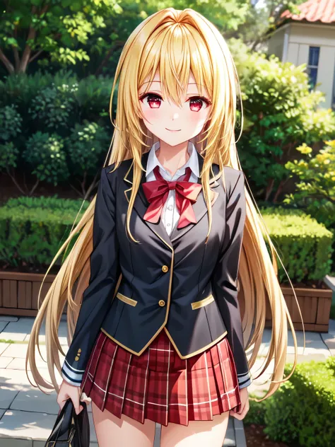  high definition 、 top quality、 super high quality 、 one girl、solo、 shot from the front、( anime illustration style:1.10),、whole body、 standing、mine、 long hair on background、 hair between eyes、blonde hair、 very long hair、 red eyes、smile、チェック柄 skirt、Plaid、プリ...