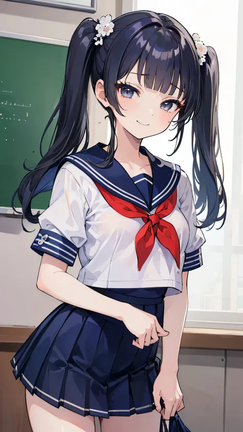 ((masterpiece、 top quality、 very detailed ))、 one girl、 black hair、twintails、blunt bangs、 gray eyes、evil smile、(( smaller breasts))、(( sailor suit))、Short sleeve、(( navy blue pleated skirt))、((micro miniskirt))、 Cowboy Shots、 Classroom Background 