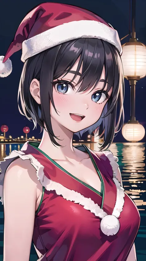 50s, fat, voluptuous (((Beautiful Japanese MILF in her 50s.)))(1 person)、(((Black short hair)))、((whole body))、(((Santa outfit with front open)))、((Random Pause))、((At the lake at dusk))、(((whole body)))、(Beautiful Japanese Women)、(Santa hat)、((Santa cloth...