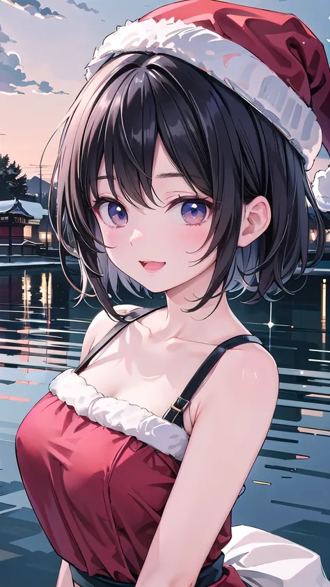 50s, fat, voluptuous (((Beautiful Japanese MILF in her 50s.)))(1 person)、(((Black short hair)))、((whole body))、(((Santa outfit with front open)))、((Random Pause))、((At the lake at dusk))、(((whole body)))、(Beautiful Japanese Women)、(Santa hat)、((Santa cloth...