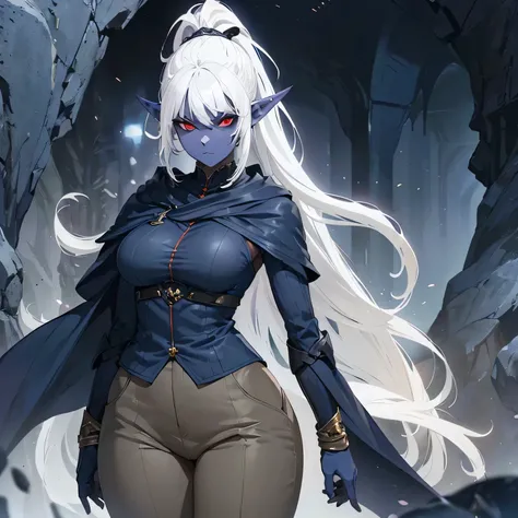 mature dark elf woman, (white hair, ponytail with bangs hairstyle, red eyes, pointy ears), (navy blue skin:1.4), (wearing purple cloak, brown trousers), voluptuous figure, stern expression, (in fantasy underground cave)