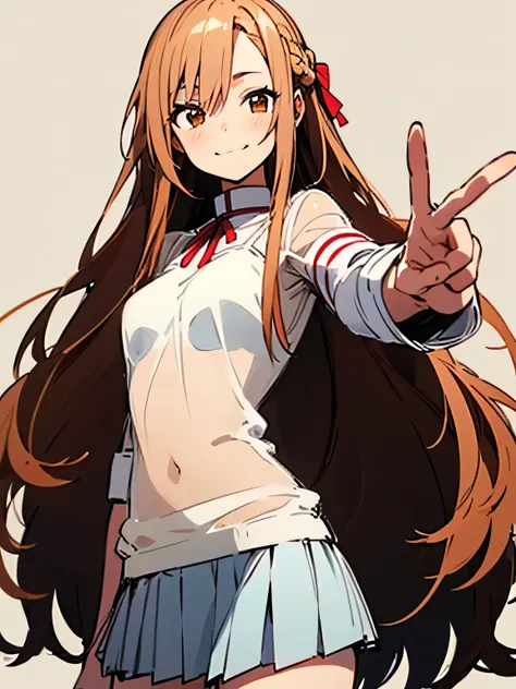 Alone,upperbody,pinkbeige half updo hair, See-through Bang 、smile, red ribbon、asuna, miniskirt, model pose, peace sign,(white simple background),(manga style),(sketch),(illustration),