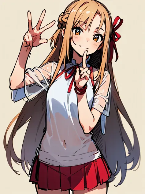 Alone,upperbody,pinkbeige half updo hair, See-through Bang 、smile, red ribbon、asuna, miniskirt, model pose, peace sign,(white simple background),(manga style),(sketch),(illustration),