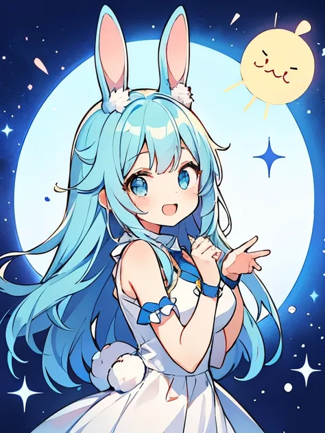  girl,  full color, 一人の girl,  long hair,  viewers who stop at the edge,  Open Mouth Smile , 輝く瞳,  cute pose ,  sparkling eyes , front shot ,whole body,Bunny ears, bunny,  blue hair,  cute pose 