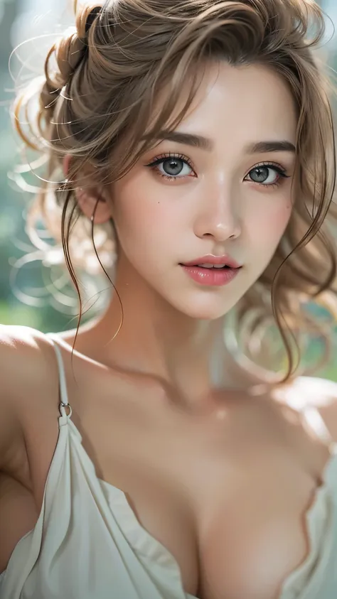 1woman, (Ultra realistic, high res), (highly detailed eyes, highly detailed hair, highly detailed face, highly detailed plump lips), (off shoulder with open breasts), breasts, upper body, caute smile, (best quality:1.4), Raw photo, (realistic, photo-realis...