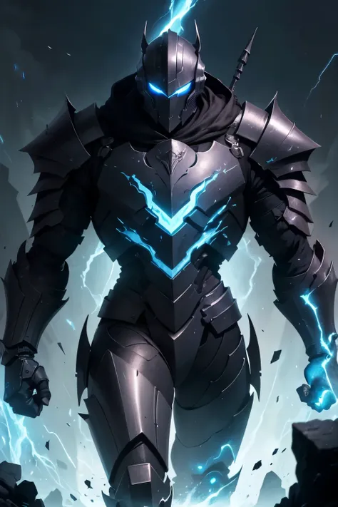 Extremely menacing robotic knight. He is tall, with a wide build. He is clad in pitch black armor, with a flowing mantle. Electric blue light emenates from the cracks in his armor and his menacing T-shaped visor. His helmet is extremely terrifying. His arm...