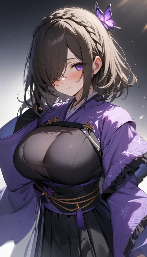 (masterpiece, Highest quality:1.2), (masterpiece, Highest quality:1.2), (1girl), alone, ((medium hair)), (dark brown hair)), (straight hair), ((hair over face)), (hair over one eye), (hair over right eye), (), (purple eyes), ((big breast)), (purple kimono ...