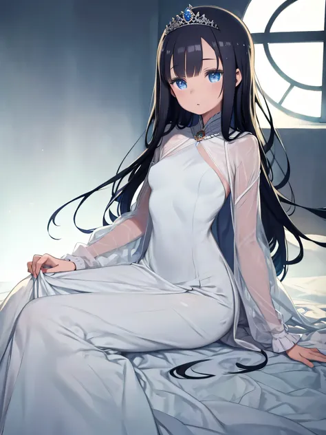 Beautiful young princess with black hair and blue eyes,  She is wearing a beautiful white long dress