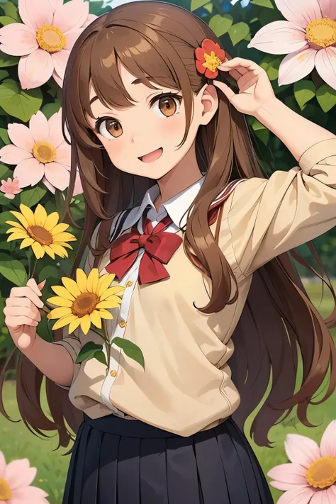 A petite female student with soft chestnut brown wavy hair reaching her shoulders, warm brown eyes, and a cheerful expression. She wears a neatly arranged school uniform with floral patterns and carries a small wand. Her gentle aura is complemented by flow...