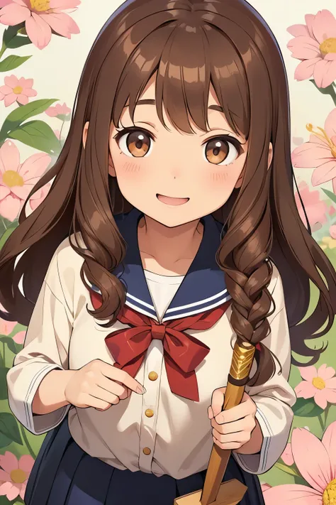 A petite female student with soft chestnut brown wavy hair reaching her shoulders, warm brown eyes, and a cheerful expression. She wears a neatly arranged school uniform with floral patterns and carries a small wand. Her gentle aura is complemented by flow...