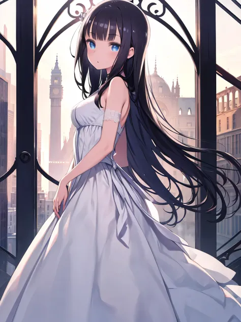 Beautiful young princess with black hair and blue eyes,  She is wearing a beautiful white long dress