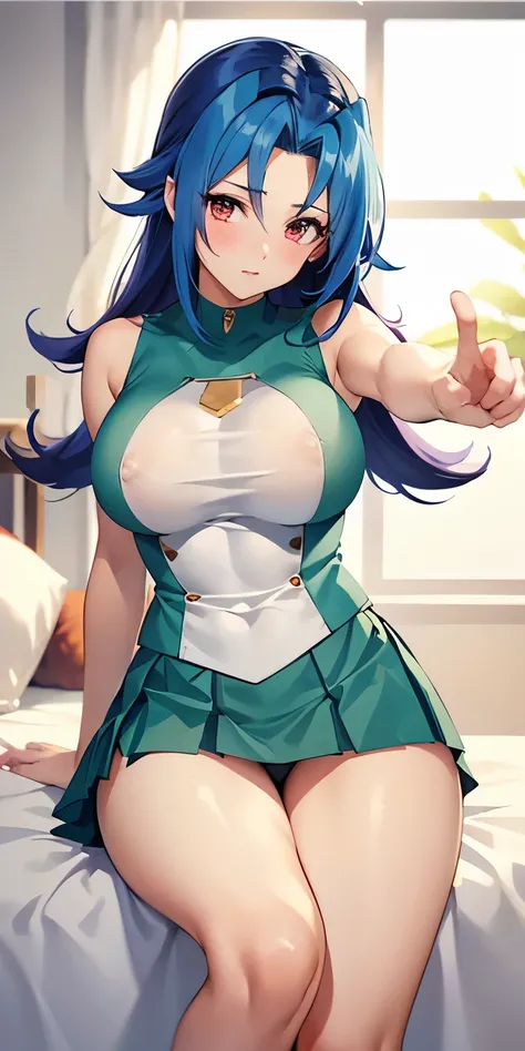 1 Female,High definition,high resolution,Ultra-realistic,8K, kr1, multicolored hair, dyed bangs, white shirt, sleeveless,  green skirt, tight skirt, miniskirt, pleated skirt, large breasts,European,sexy,Upper body close-up,Photographed from the front,Dynam...