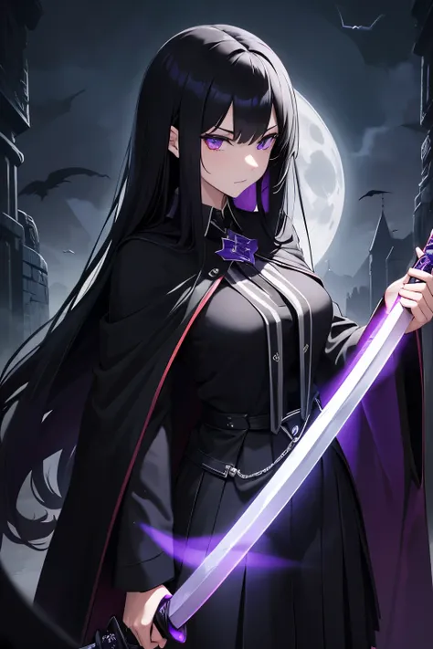 A slender female student with long jet-black hair cascading down her back, captivating violet eyes, and a mysterious charm. She is dressed in a dark-themed school uniform with a flowing black cape. She carries a mystical sword with ancient runes and stands...