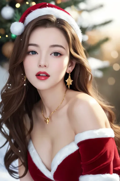 Beautiful black and brown medium hair realistic girl、18 year old girl、very sexy and realistic photos、from the chest up、Angle that emphasizes the face、Focus on the face、Ethereal beauty, Shiny beautiful hair、waves of long hair cascade down her shoulders, ((d...