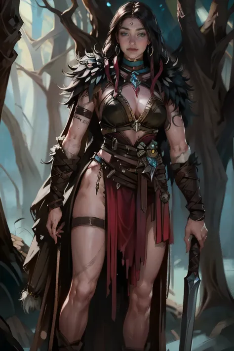 A detailed illustration, 3/4 body shot, of a beautiful brunette barbarian woman, with braided hair, tribal tattoo, standing confidently in a forest, wearing leather armor, adorned with a fur belt and a fur skirt, leather straps, with a feather collar. She ...