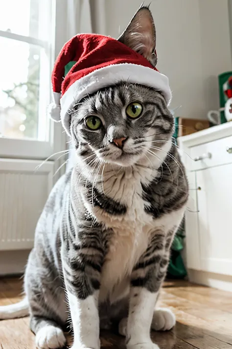 White and gray cat  , with dull green eyes ,  and with a Christmas hat