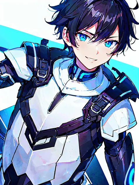 [(WHITE BACKGROUND:1.5),::5], ((masterpiece)), high quality, ultra very high resolution, full color, ((solo)), (little younger boy), Black cyborg armor, (ORCA armor), (ORCA mechanical tail), ((mens Black hair)), (SkyBlue eyes), anime, ((upper body)), neon ...