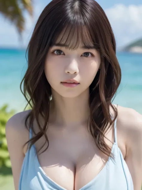   Masterpiece 、 top quality,  super high resolution 、8k，  unvolume photos 、 1 girl, ( Big Breasts :1.3), deep cleavage、  bright ,  blurry background, ( asymmetrical bang 、Super Long Wavy Hair :1.5), （A loose open-necked blouse）、Round face、Young Face、Natura...