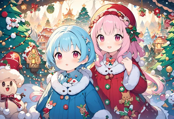 there are two ren standing in front of a   Christmas tree ,  cute detailed digital art ,   Christmas tree ,  cute digital art ,  candy forest ,  cute detailed artwork ,  Elven Forest Background , Background artwork,   rens art in artstation  , High-resolut...