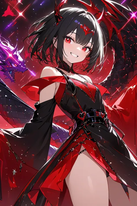   Girl, 18 years old, Messy short hair, Side parted hair , Black hair,  horse face, Red eyes, smile, smileเห็นฟัน, hedevil, devil, he, Dragon tail,  Black Tight Half Off Shoulder Dress, Black-red open shoulder tunic,  flat chest, Red Sparkle ,  Purple Glit...