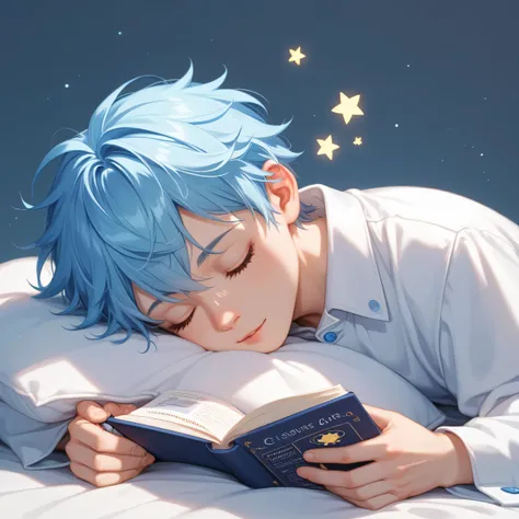 “A 20s male sleep researcher with soft pastel blue hair, slightly messy short hairstyle, and a kind, approachable expression. He wears a casual white lab coat layered over pajama-style clothing, holding a sleep science book. The character design uses soft ...