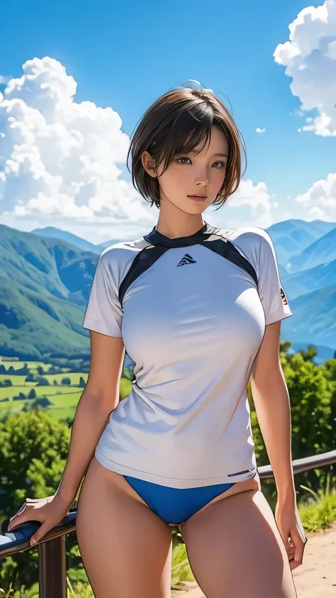  (girl, ,  Same Height  :1.2) , (Big breasts:1.2, Very good:1.2), masterpiece，Mountain Biking，Cycling enthusiasts，beautiful girl，business attire， blue sky and white clouds，8k,  Japanese girl ,  very short hair  , Camel toe, ( high color saturation :1.0),  ...