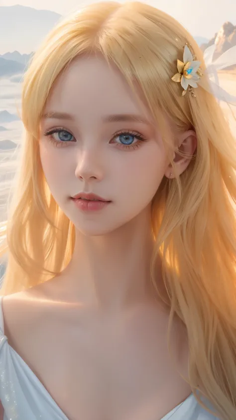 Close-up of the face of a blonde, beautiful alien girl from Venus, a fantasy of the natural world of Venus, wrapped in light and mist, ultra-high quality, 8k