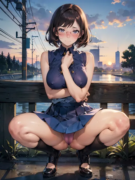 anime - style illustration of a woman in a high school outfit, sleeveless shirt:1.5, micro skirt:1.5, anime character, official character art, feminine, full body, female anime girl, spread legs and squatting Posing:1.5, dark hair, parted bangs, glasses, (...