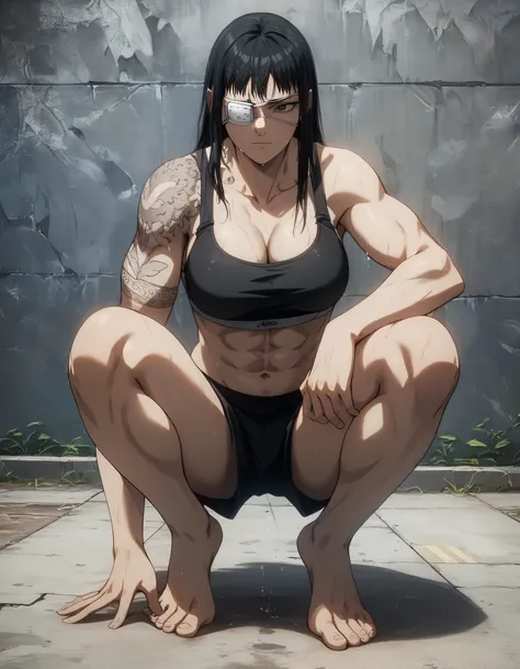 score_9, score_8_up, score_7_up,score_6_up,high resolution,source_anime,s0fiavalm3t,1girl,eyepatch,black hair,long hair,,full body,,,pov, tattoos on shoulder,wearing sport bra,black sport shorts,Barefoot,training hard,Parkour,sporting attraction,pelvis,wet...