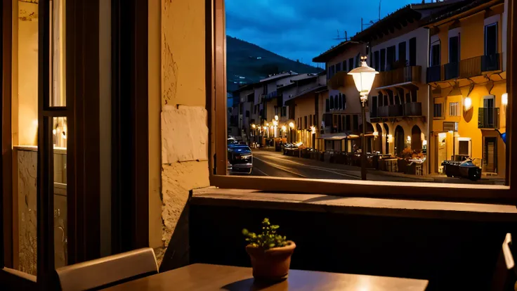 nighttime,overcast, coffee shop interior, looking out into empty streets of italian hills, window in the center