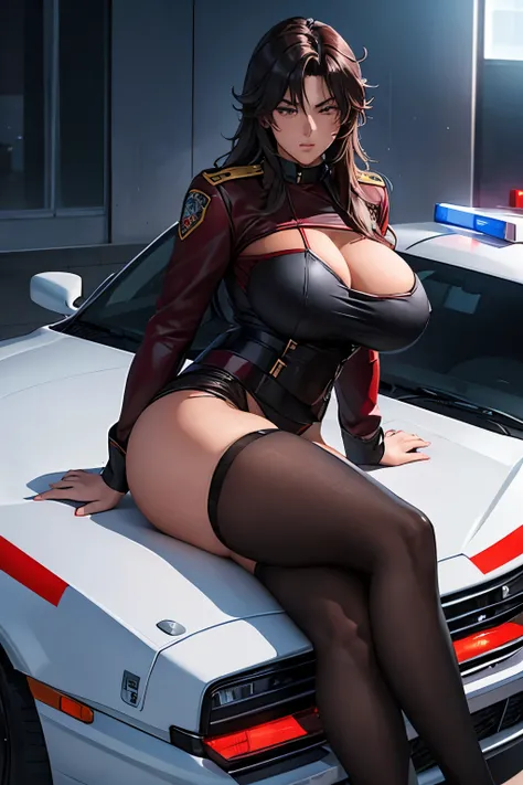 Female police officer、Show whole body、Big Breasts:2、 long hair、Twin Roll Hair Red、 shameful expression 、I cant say anything in my mouth 、Mouth closed、Im sitting on the hood of a white police car and my legs are wide open、The gaze is directed forward 、 wear...