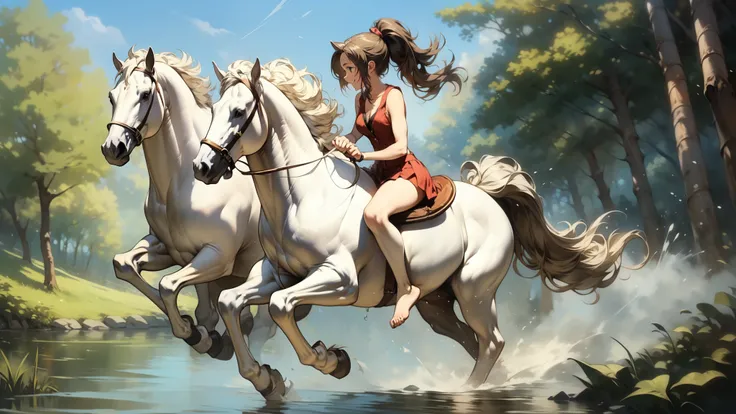 ((best quality)), ((anime masterpiece)), (high detailed), 8k, cinematic lighting, perfect face, medium breast, cleavage, (((a smiling woman wearing miniskirt riding a WHITE HORSE)), (ponytail, {brunette hair}), (sleeveless, miniskirt, bare legs, barefoot))...