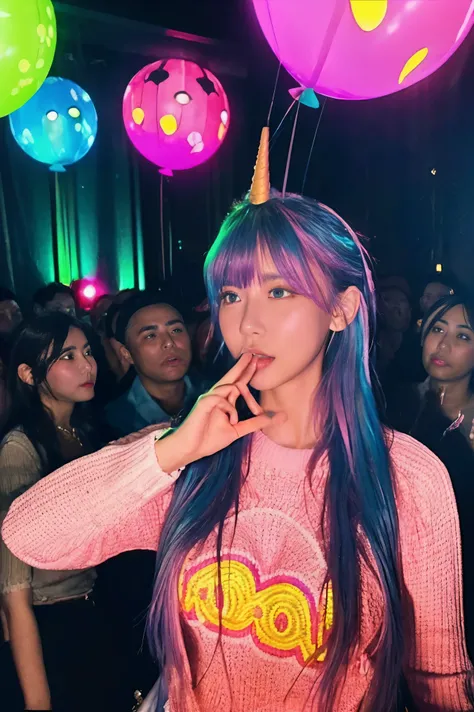  psychedelic dance nightclub 、 woman in a crowd 、 Bunch of Spaghetti Flying Through the Air 、megaphone、Water Drop、虹色のWater Drop、 pink unicorn balloon 、Humid 、Oily Texture 、No bangs、iridescent neon 、Overall pink、 knitted sweater、 woman illuminated by psyche...