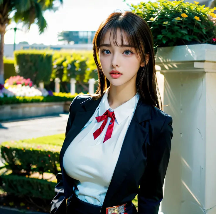 8K quality,  Masterpiece,  bright artistic lighting,  super real , Flower Garden,  one girl,  Brunette with Bangs , (High school girl in uniform), (High chest position:1.3), (Big Breasts:1.3), From the belly up,  red ribbon tie, (Bright and Sparkling Blue ...