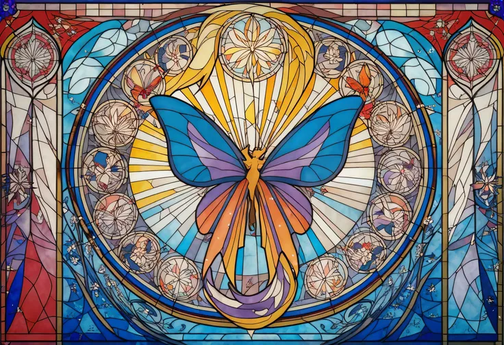 a close up of a  stained glass  butterfly  with a flower, David B .  Mattingly,  Shutterstock, Art Nouveau, maxim verehin  stained glass,  stained glass style,  stained glass art, glowing  stained glass backdrop,  stained glass wings,  stained glass,  stai...