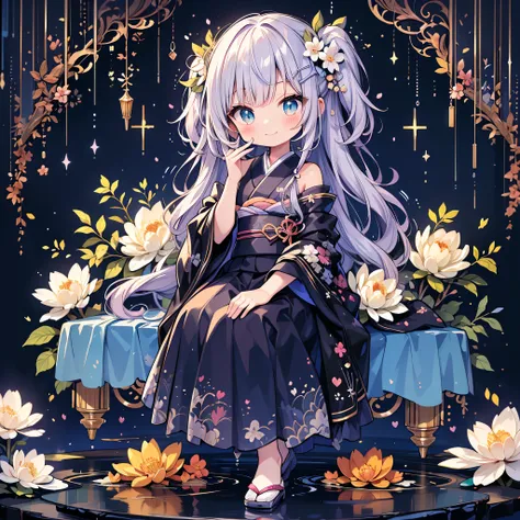 to you,] neon color、 top quality、 Masterpiece、 super detailed、 dynamic best composition 、 simple background、Seven gradation hair colors、 Smooth Straight Hair 、Goth Kimono、whole body、cute、Frills、fun、smile、Hurrah、 Cute and Unique Hairstyles、シアン neon colorパレッ...
