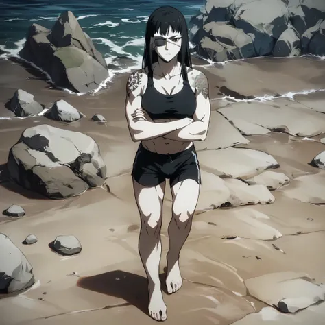 score_9, score_8_up, score_7_up,score_6_up,high resolution,source_anime,s0fiavalm3t,1girl,eyepatch,black hair,long hair,,water,rocks,,full body,,looking at viewer,pov, tattoos on shoulder,wearing sport bra,black sport shorts,Barefoot,training hard,Parkour,...