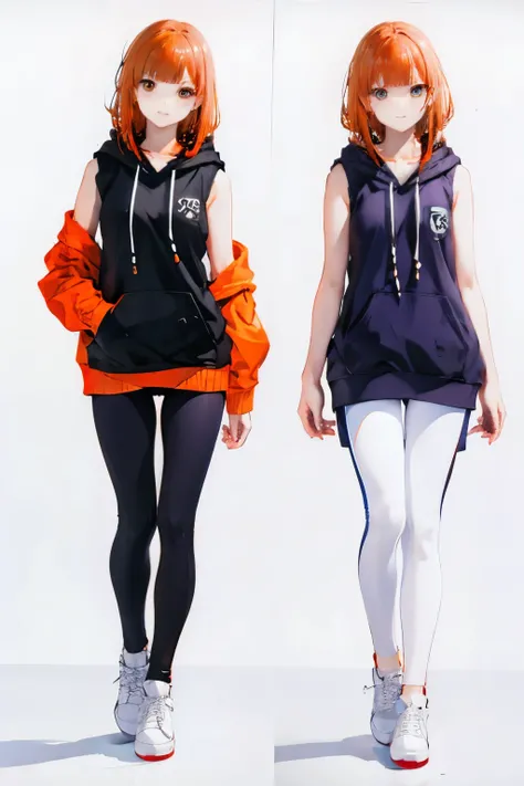 Shiraishi Mai、leggings、leggings、leggings、leggings、 orange hair、 sleeveless、 sleeveless、 hoodie、 slender、whole body、whole body、whole body、Background white、Background white、Background white、 combat boots