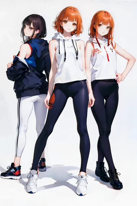 Shiraishi Mai、leggings、leggings、leggings、leggings、 orange hair、 sleeveless、 sleeveless、 hoodie、 slender、whole body、whole body、whole body、Background white、Background white、Background white、 combat boots