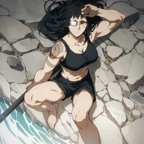 score_9, score_8_up, score_7_up,score_6_up,high resolution,source_anime,s0fiavalm3t,1girl,eyepatch,black hair,long hair,,water,rocks,,full body,,looking at viewer,pov, tattoos on shoulder,wearing sport bra,black sport shorts,Barefoot,training hard,,sportin...