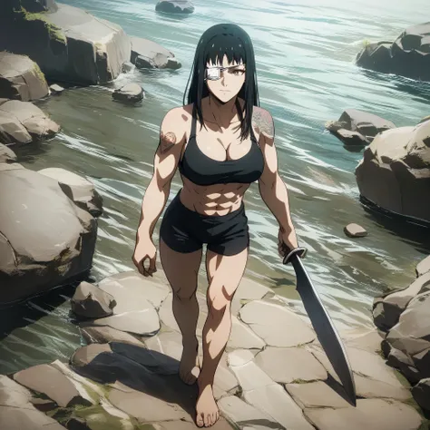 score_9, score_8_up, score_7_up,score_6_up,high resolution,source_anime,s0fiavalm3t,1girl,eyepatch,black hair,long hair,,water,rocks,,full body,,looking at viewer,pov, tattoos on shoulder,wearing sport bra,black sport shorts,Barefoot,standing,,sporting att...