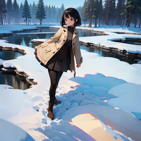 ( High Quality ,  high definition , Very detailed, reality:1.37), Peaceful atmosphere, (Outdoor, garden ,snow),  teenage girl standing alone, Beautiful details,  cute smile, (Black Bob), Ribbed sweater,Brown skirt, Black tights,  brown boots .